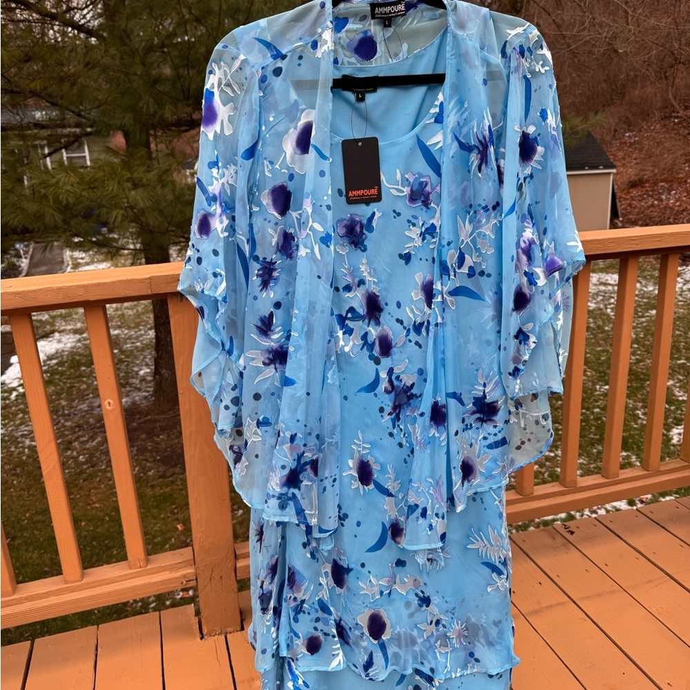 2Piece Set Blue Silk Floral Dress Sheer Overlay Sz Large NWT layered hem - Picture 8 of 16